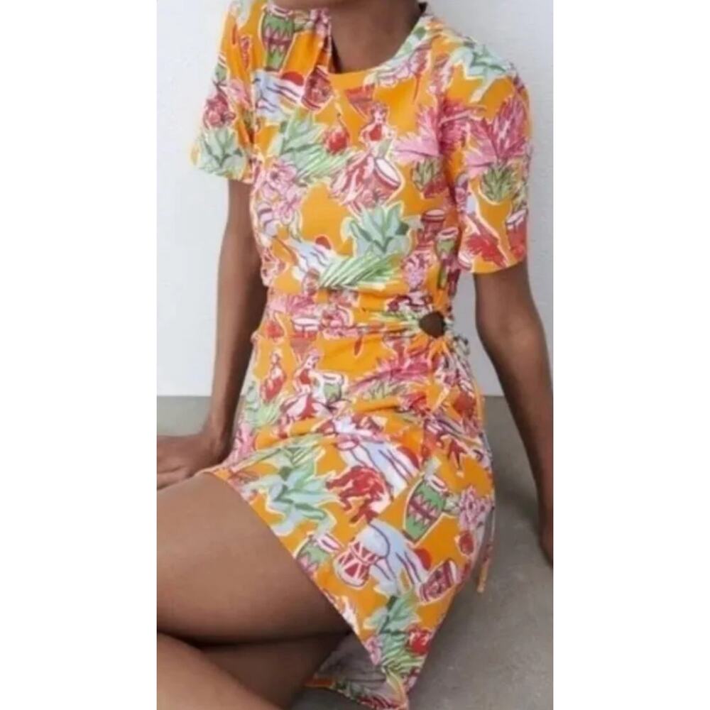 Zara Tropical Floral Print Cotton‎ Cutout Side Mini Dress Orange Size Small